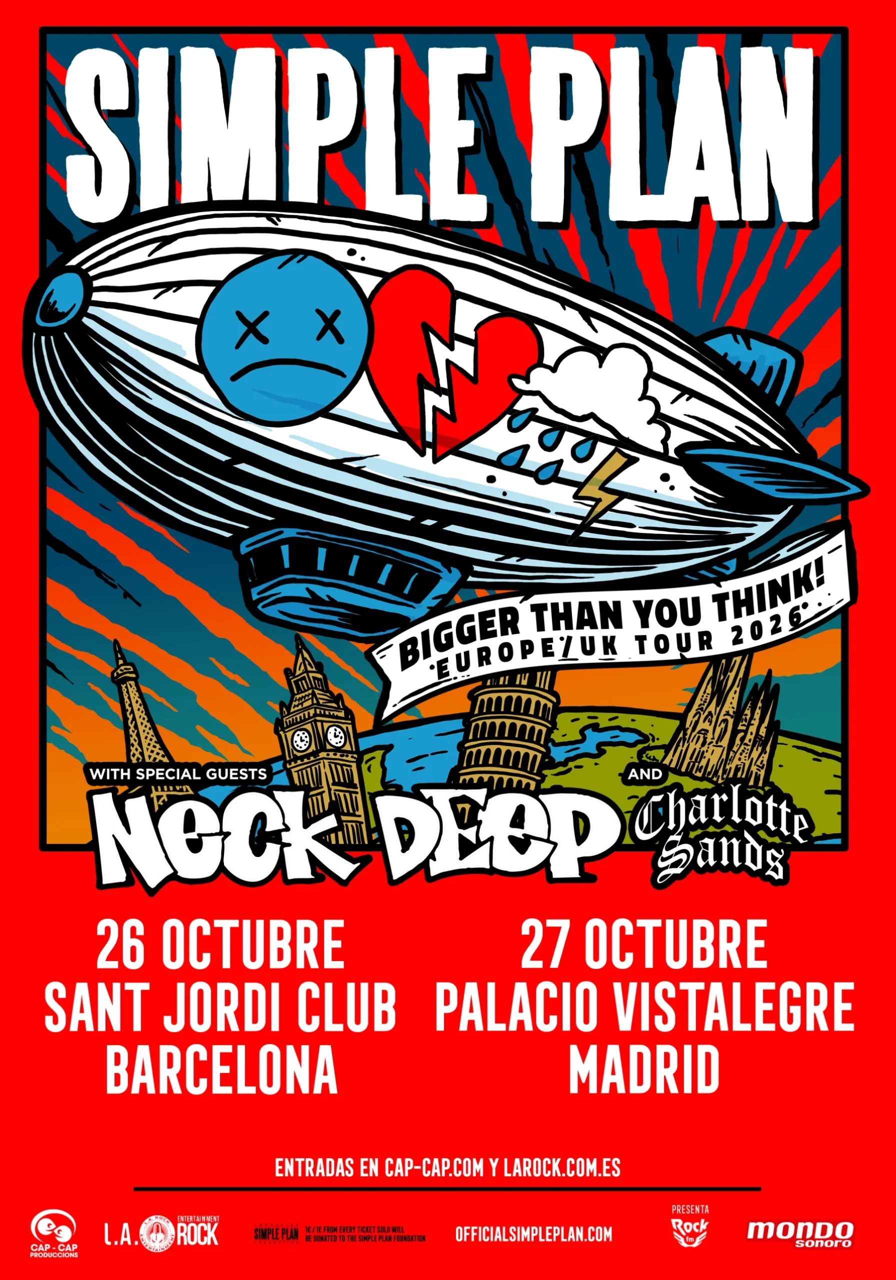 Cartel de la gira Simple Plan Bigger Than You Think Tour 2026 con las fechas de Barcelona y Madrid