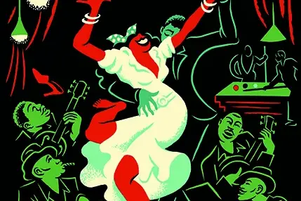 Cartell de la 35a edició del Festival Internacional de Blues de Cerdanyola, obra d'El Marquès: una parella ballant envoltada de músics sobre fons negre amb tipografia vermella