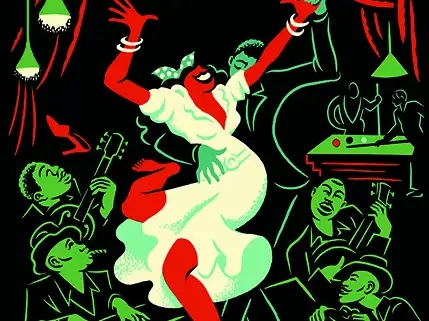 Cartell de la 35a edició del Festival Internacional de Blues de Cerdanyola, obra d'El Marquès: una parella ballant envoltada de músics sobre fons negre amb tipografia vermella