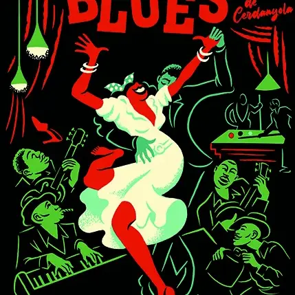 Cartell de la 35a edició del Festival Internacional de Blues de Cerdanyola, obra d'El Marquès: una parella ballant envoltada de músics sobre fons negre amb tipografia vermella