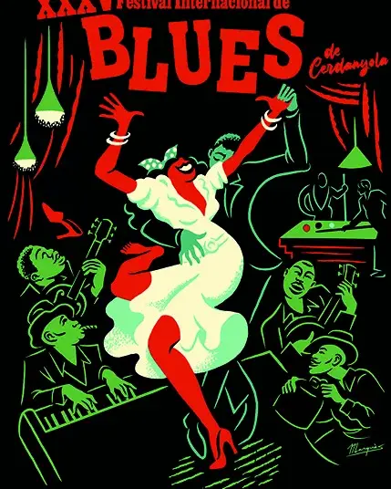 Cartell de la 35a edició del Festival Internacional de Blues de Cerdanyola, obra d'El Marquès: una parella ballant envoltada de músics sobre fons negre amb tipografia vermella