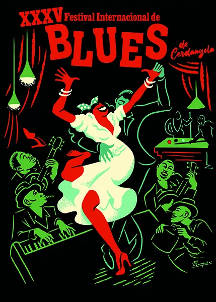 Cartell de la 35a edició del Festival Internacional de Blues de Cerdanyola, obra d'El Marquès: una parella ballant envoltada de músics sobre fons negre amb tipografia vermella