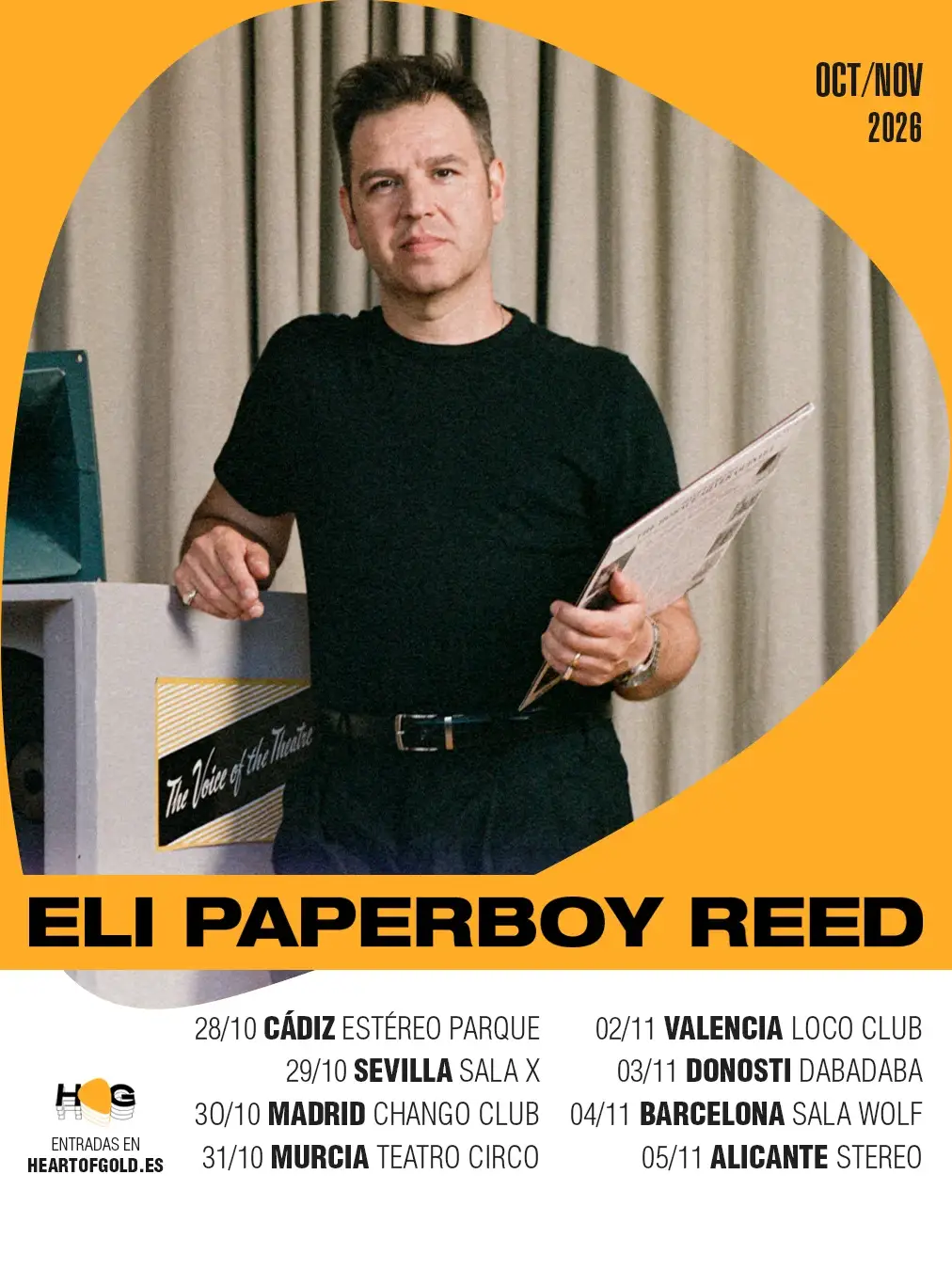 Cartel de la gira de Eli Paperboy Reed por España, octubre y noviembre 2026