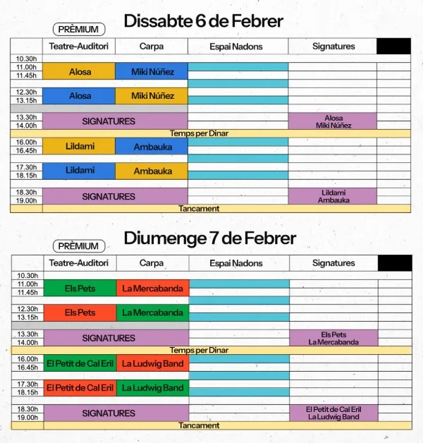 Horaris de Petits Camaleons, 6 i 7 de febrer de 2027